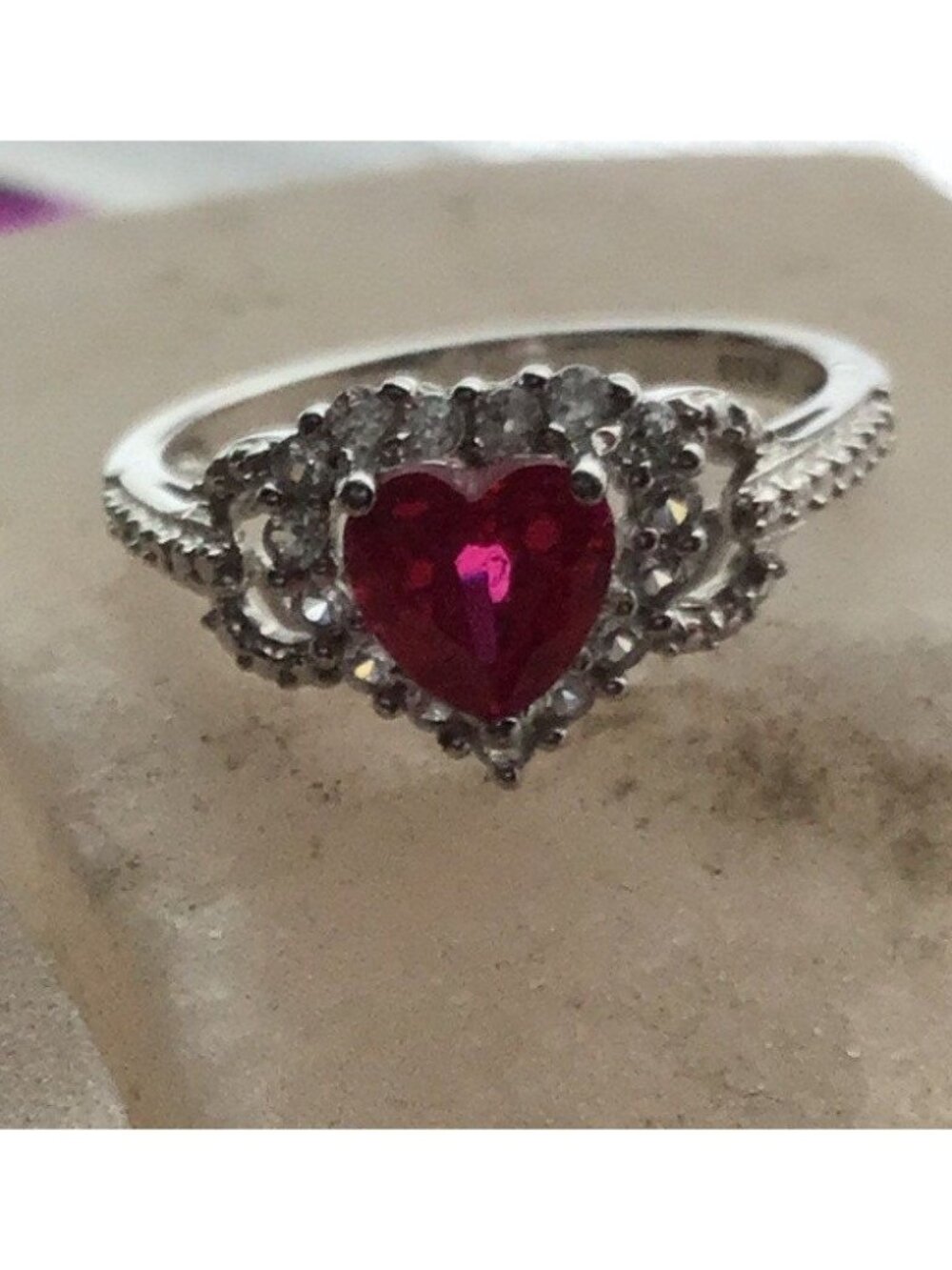 Heart-Cut Ruby & CZ Sterling Silver Ring Size 7 Intricate Prong Setting Elegant